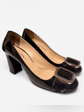 Prada Black Patent Leather Block Heel Pumps with Silver Buckle Accent